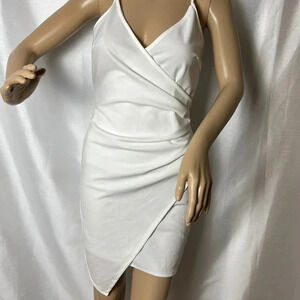 VNTG white faux wrap halter bodycon dress,ruching ,shirred,asymmetrical hem EC